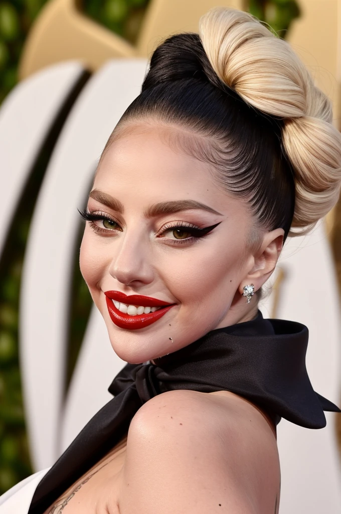 lady gaga, beautiful smile, white shirt and black tie, Hair tied high, long thick curly eyelashes, skin tone makeup, black red lipstick