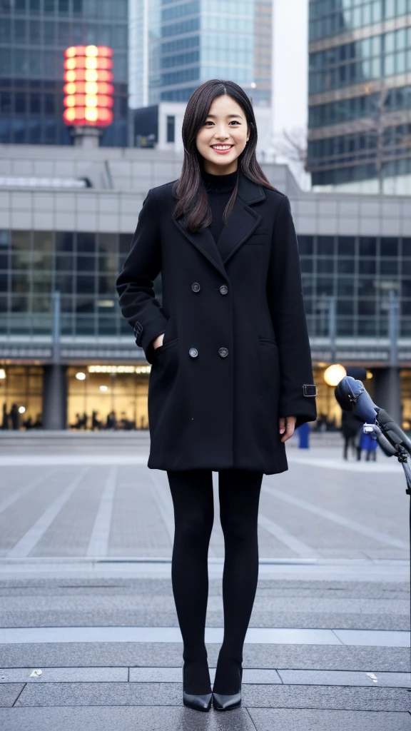 Full-body photo of a cute Japanese weather forecaster wearing a black pantsuit and coat, pumps,A girl broadcasting live with a microphone,Broadcasting with a microphone outdoors in Tokyo in winter,Standing in front of Tokyo Station,wearing pumps and black tights,masterpiece