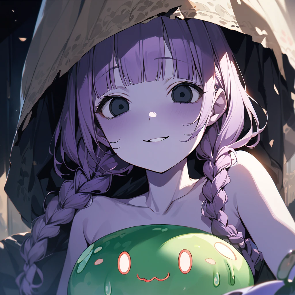 masterpiece, ultra detailed, 8K, full body shot,, a girl, kawaii, light atmosphere, (Cute a Slime girl:1.5), (a girl who turned into a slime, pale purple hair, wavy two braids, blunt bangs hair, green and black eyes empty eyes, purple skin, yandere, portrait:1.4), anime visual, (tilt head:1.3), extremely delicate face, realistic lighting and shading, (an extremely delicate and beautiful art:1.3),Watercolor painting, a girl, Slender girl with small breasts, She's not wearing any clothes but her nipples and pussy are covered, she has a wicked smile on her face,