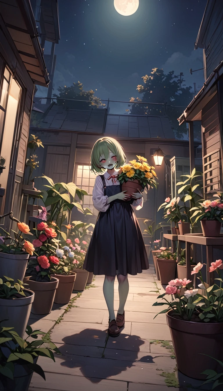 Highest quality、masterpiece、Night Time、Darkness、dark写真、Long Shot、Full body angle、Cute Zombie、Missing body、Watering the flowers、Flowers in a planter々、Zombie girl taking care of plants、beautiful flower々、Benjamin&#39;s Bowl、Coffee tree bonsai、dark部屋、Grin:0.5、Night Time、dark、dark、Darkness、dark照明、Cinematic Lighting、Shoots poster