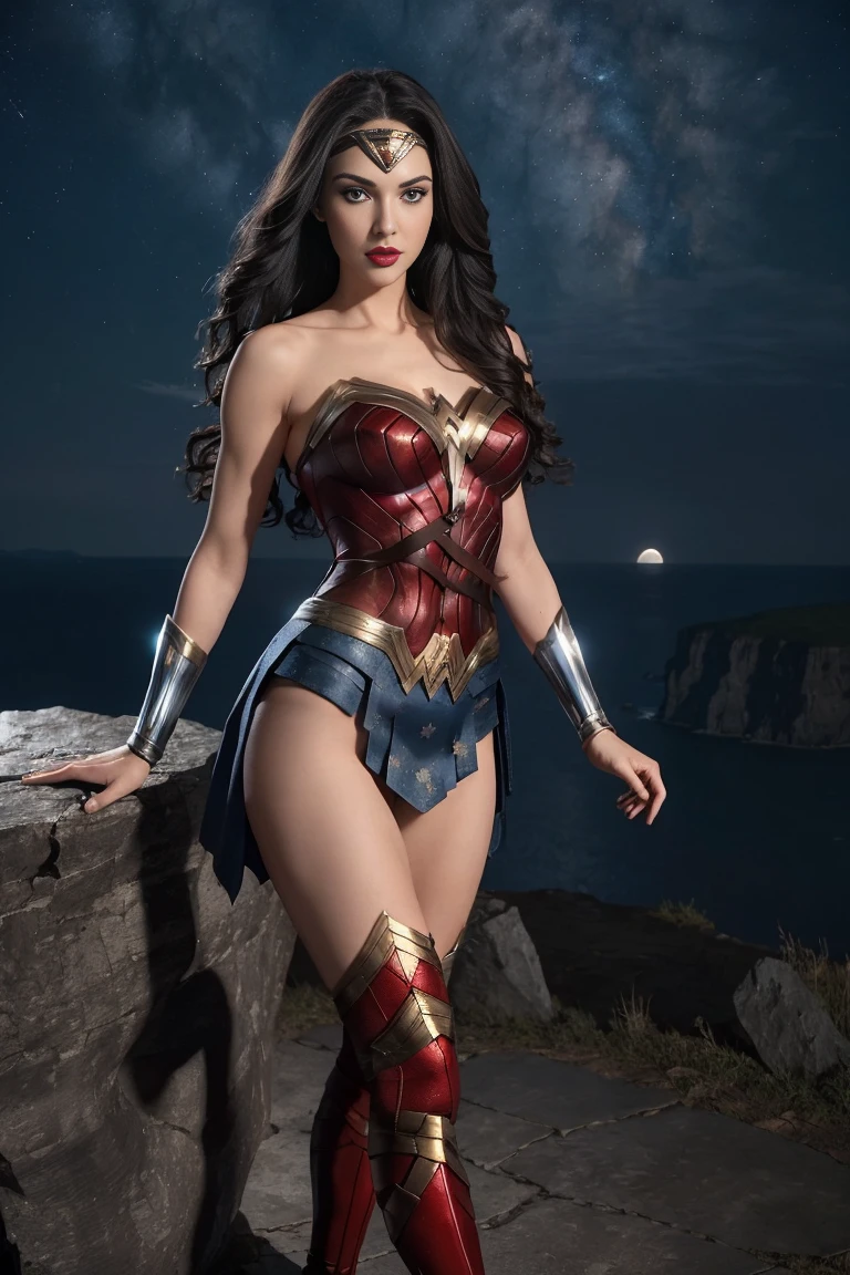 full body beautiful sexy sensual superheroine Wonder Woman black long hair, enchanting big blue eyes, white skin, red lips, slim muscular aristocratic body, big round breasts, long thighs, thin waist, standing on top of a cliff and looking into the distance at night in the moonlight