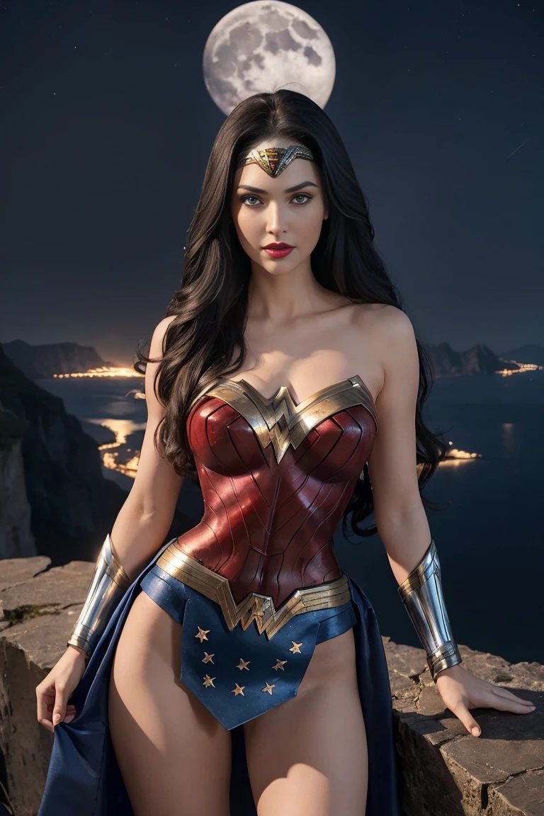 full body beautiful sexy sensual superheroine Wonder Woman black long hair, enchanting big blue eyes, white skin, red lips, slim muscular aristocratic body, big round breasts, long thighs, thin waist, standing on top of a cliff and looking into the distance at night in the moonlight