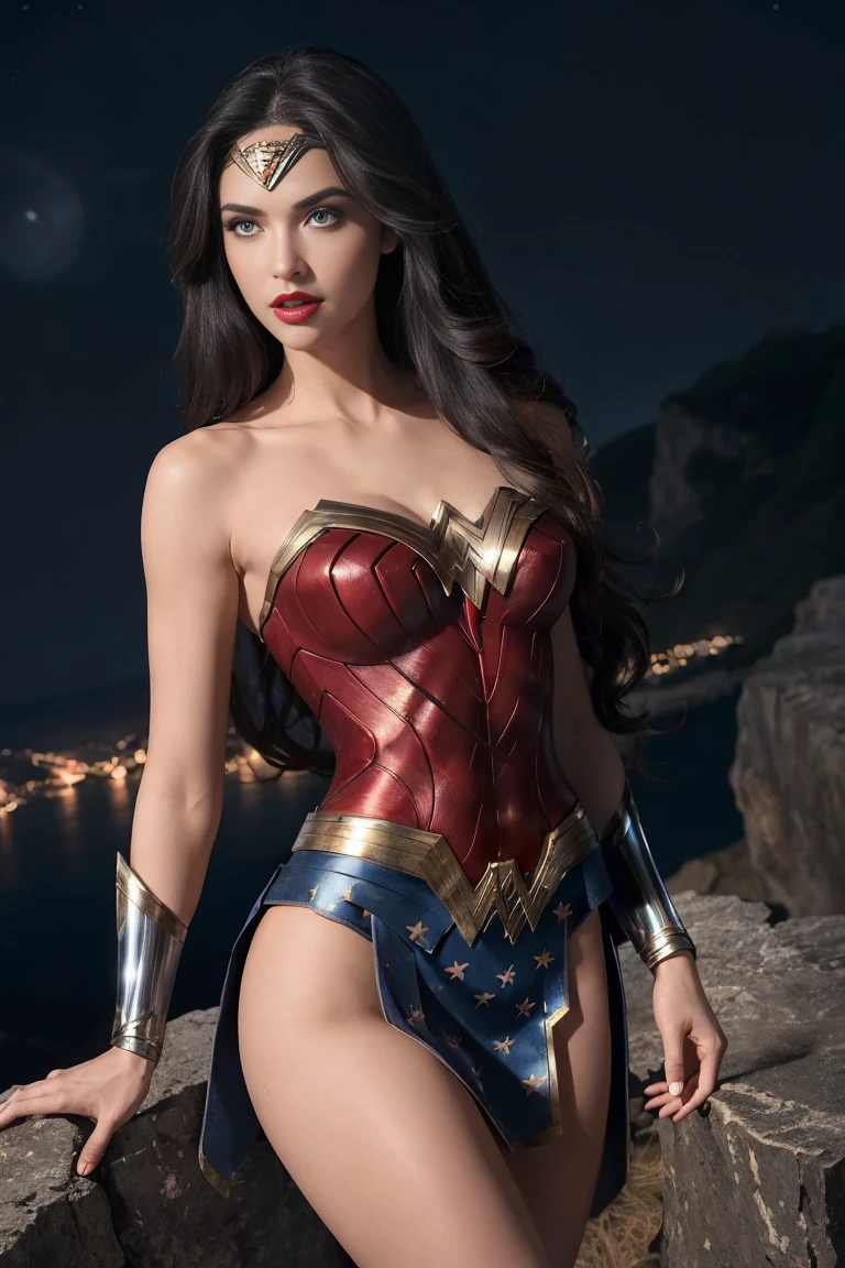 full body beautiful sexy sensual superheroine Wonder Woman black long hair, enchanting big blue eyes, white skin, red lips, slim muscular aristocratic body, big round breasts, long thighs, thin waist, standing on top of a cliff and looking into the distance at night in the moonlight