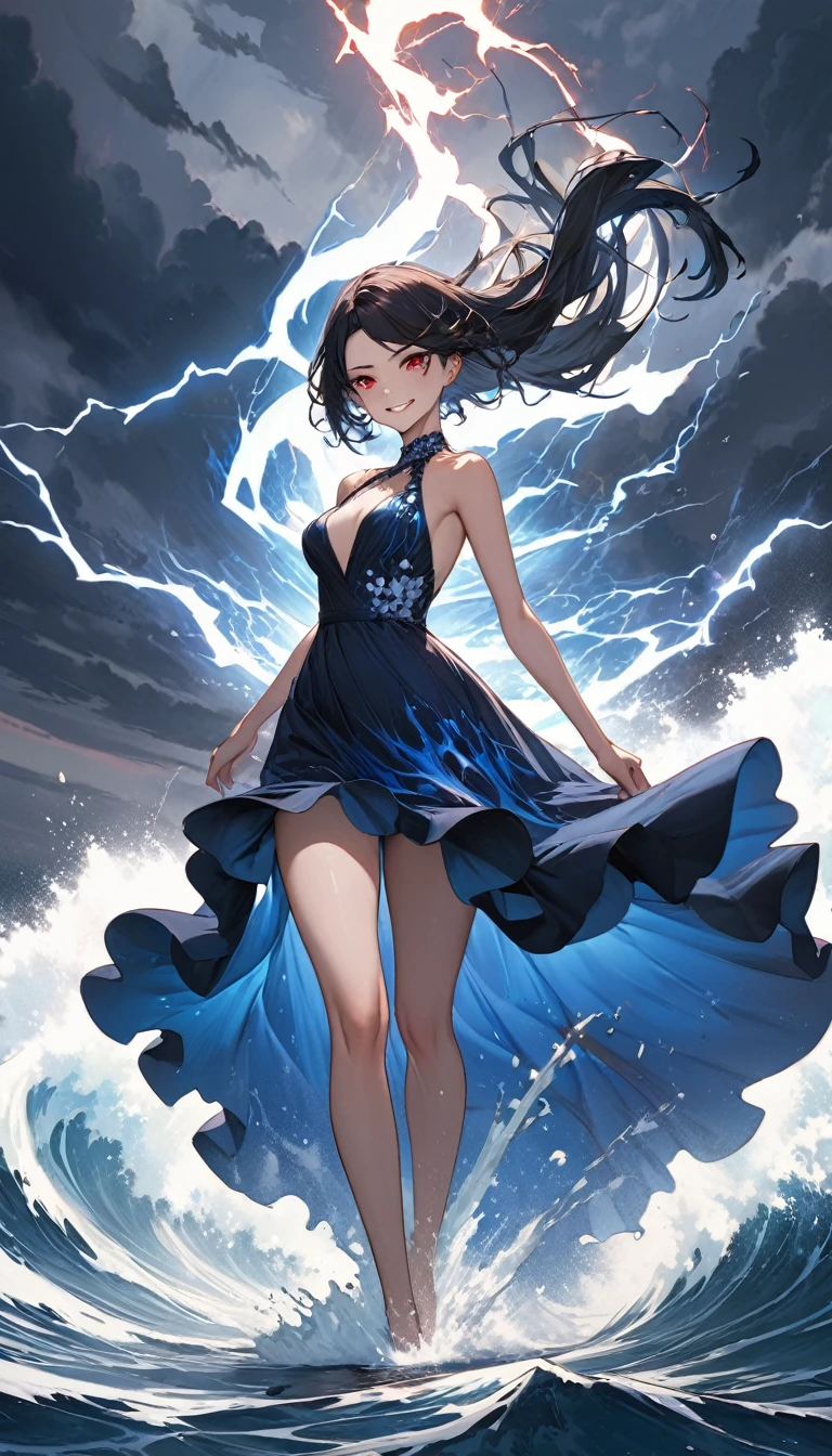 best quality, super fine, 16k, incredibly absurdres, extremely detailed, 2.5D, delicate and dynamic depiction, the most beautiful demon in history, walking on water, fearless smile, attractive and seductive expression, glamorous slender body, long black, red and blue dress, big waves on both sides, dark clouds, the sky splitting, the earth splitting, the sea splitting, lightning, sinister effects