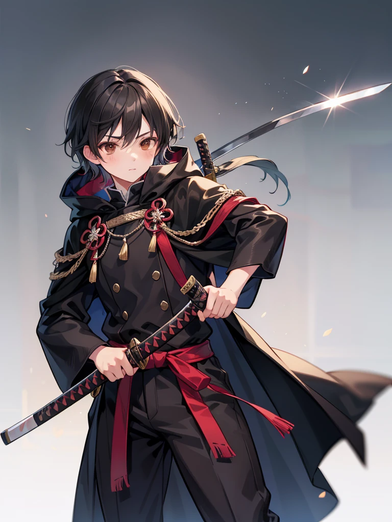 masculine teenage boy, medium length black hair, brown eyes, black cloak, holding sheathed katana
