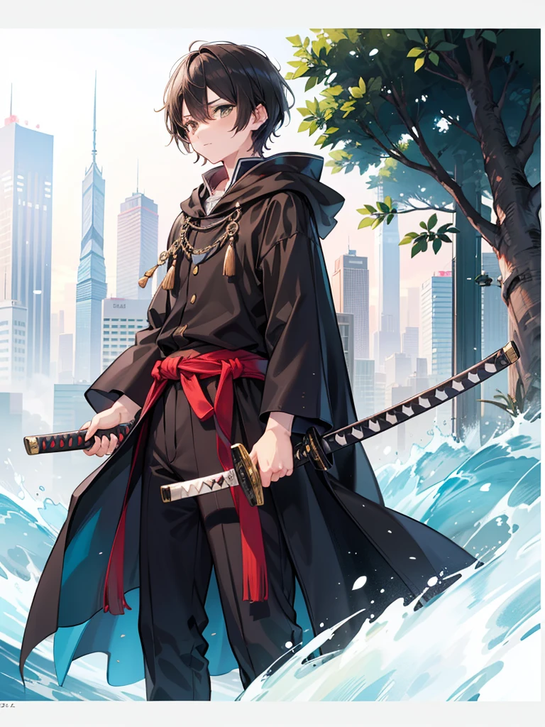 masculine teenage boy, medium length black hair, brown eyes, black cloak, holding sheathed katana