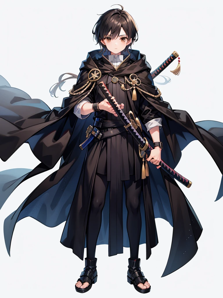 masculine age boy, medium length black hair, brown eyes, black cloak, holding sheathed katana