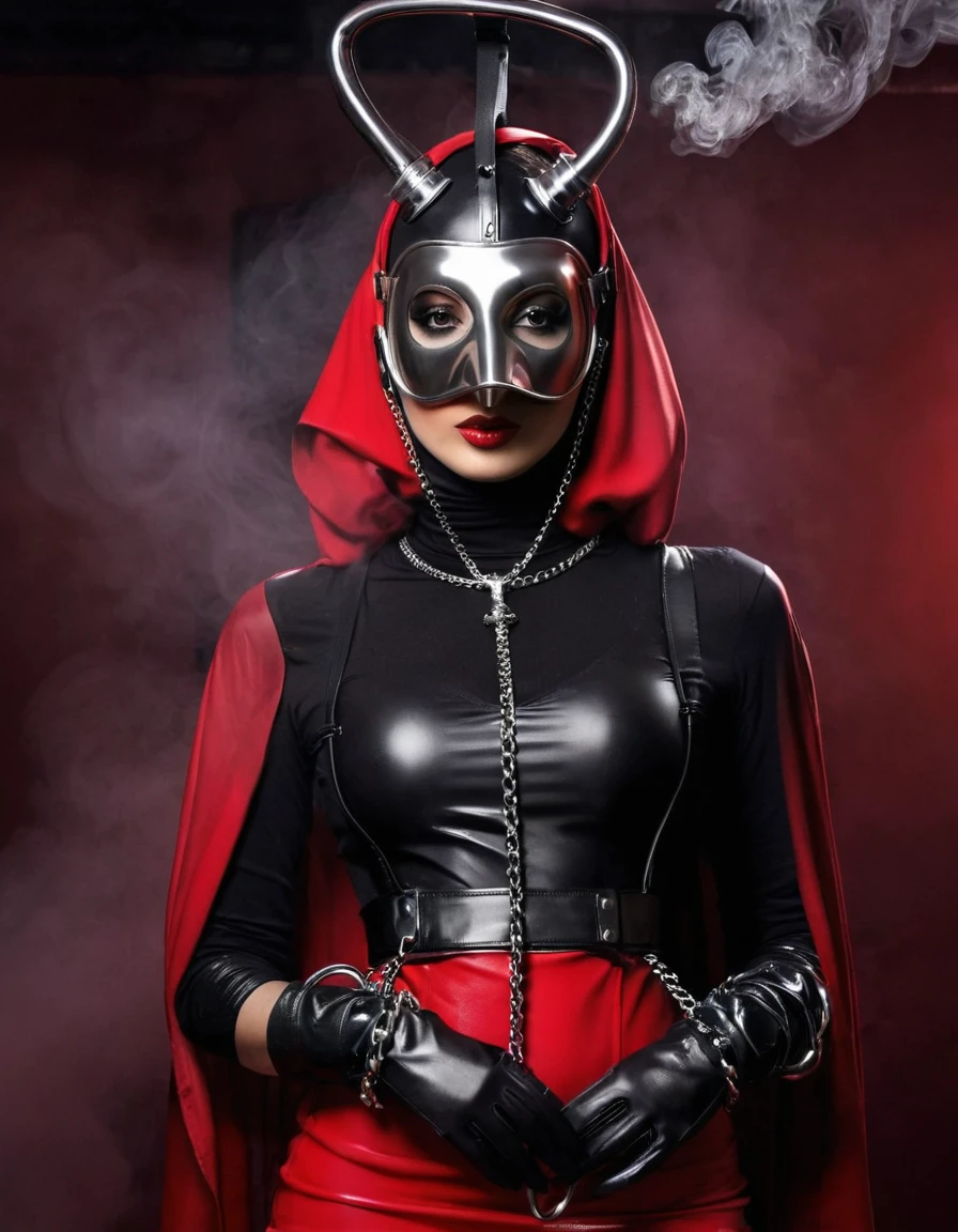 Very thin. Naked sexy model. in bdsm style. Latex hijab and Plague Doctor mask. Shiny steel bracelets on top of black gloves. and Shiny steel bracelet necklaces are on her wrists. She wears a leather harness over her head and face. Leather garters on his feet.. Red, thick smoke in the background.