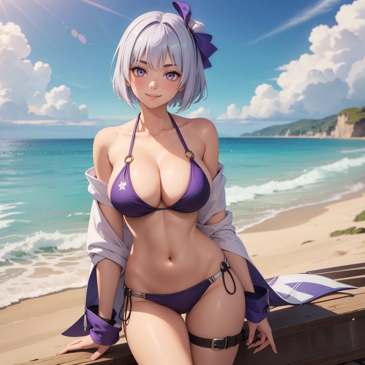 S'yne Lokk , 25 year old woman, short silver hair. silver eyes, shy smile, big breasts, a violet ribbon on her head, big breasts, Bikini, background a beach. 1 sola mujer, mujer sola. de pie,