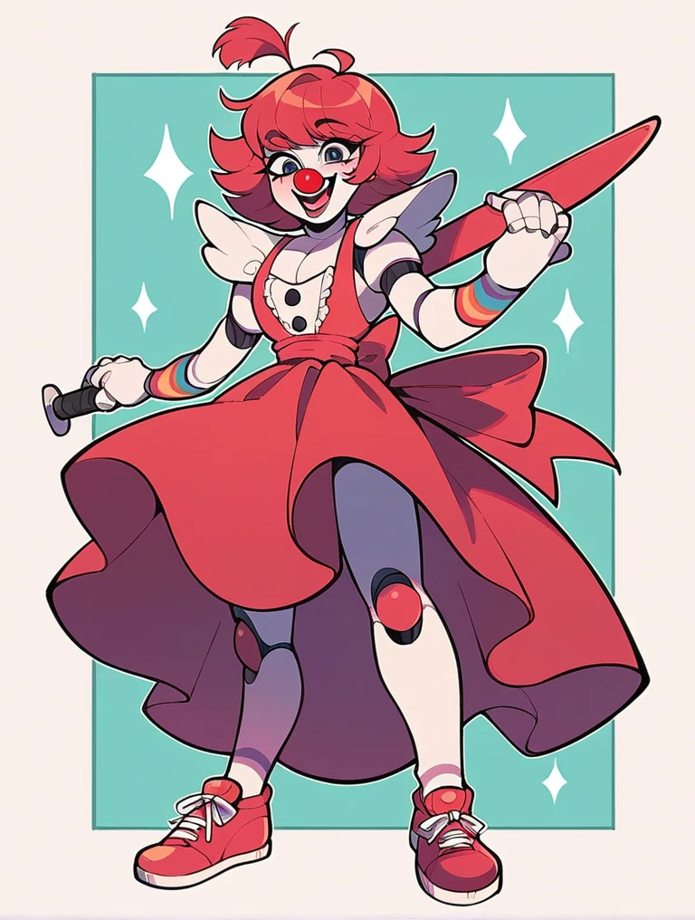 Draw me a clown girl wearing a red dress, short red hair, a robot, and wearing skate shoes