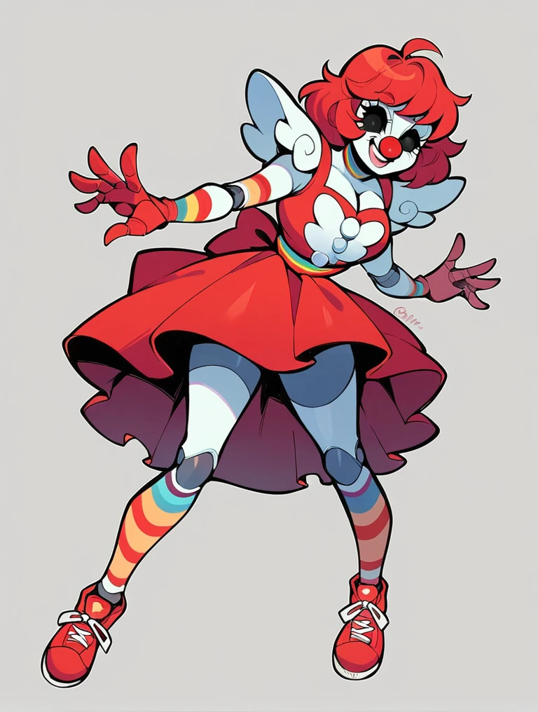 Draw me a clown girl wearing a red dress, short red hair, a robot, and wearing skate shoes