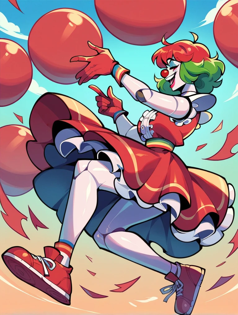 Draw me a clown girl wearing a red dress, short red hair, a robot, and wearing skate shoes