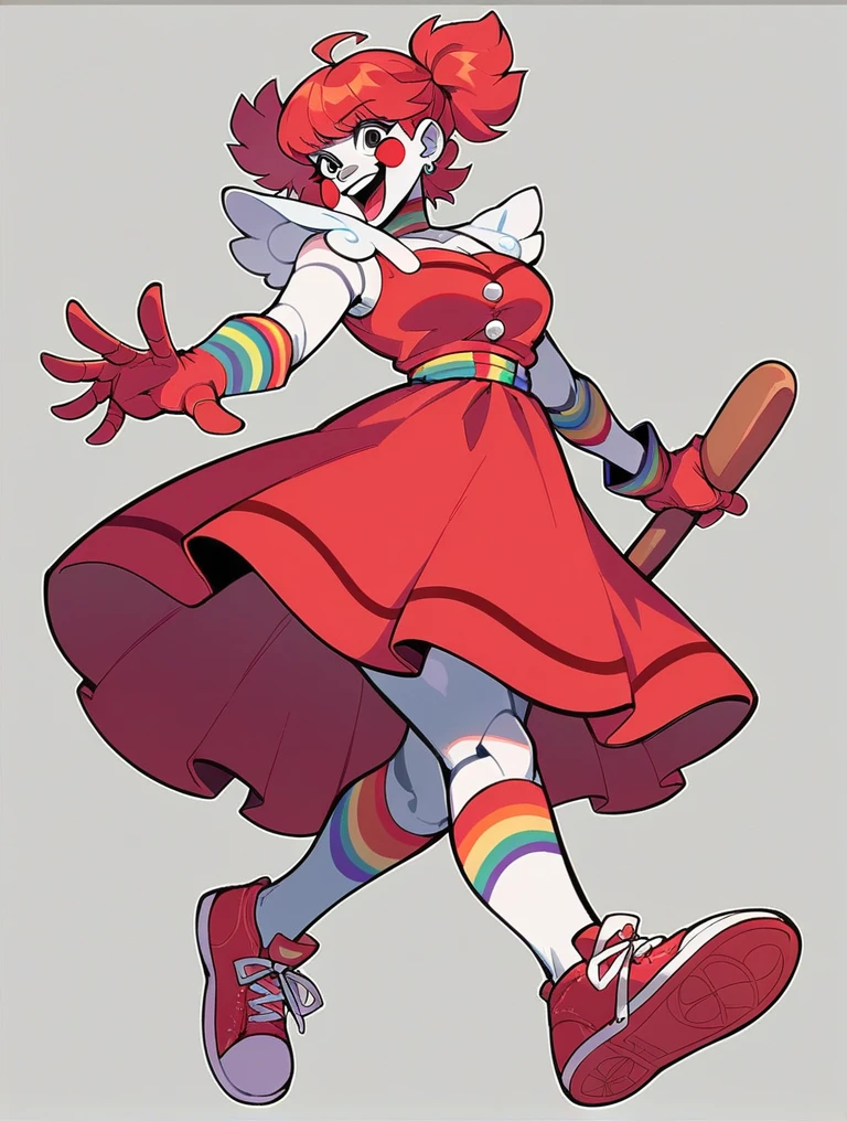 Draw me a clown girl wearing a red dress, short red hair, a robot, and wearing skate shoes