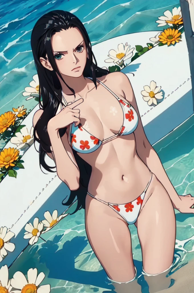 best quality, masterpiece, over the sea,1girl (((white bikini swimsuit、flowers printed)))、Beautiful sunlight on the beach, One Piece character Nico Robin, long black hair, extremely beautiful, looking at the viewer, standing in a bikini.(top-quality, 8K, masterpiece:1.3)), A detailed eye, (looking at from the front), Look at the camera, ((Everything is sparkling、reflecting light:1.2)), (Best Ratio: 4 fingers, 1 thumb), (portrait), 1 person, Nico Robin ((one piece)), Beautiful woman with perfect body, Highly detailed facial and skin texture,wearing accessories on head, all fingers pointing at viewer,(((Beautiful white bikini))) sexy