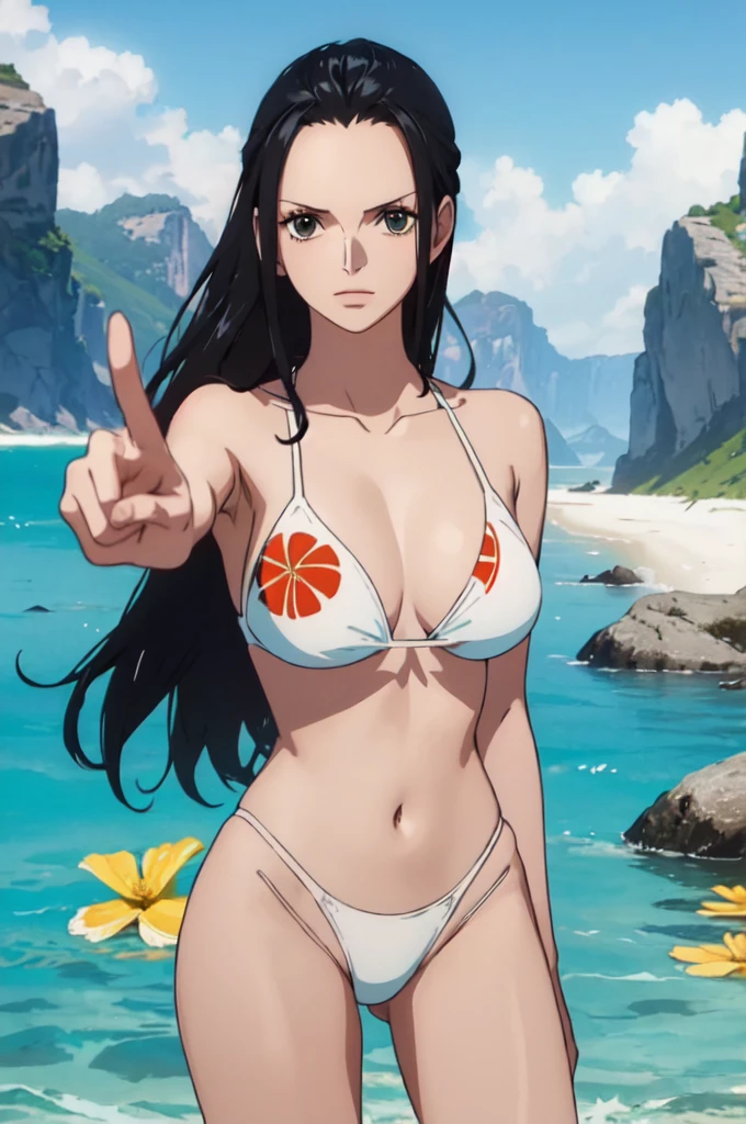 best quality, masterpiece, over  the  sea,1girl (((white bikini swimsuit、flowers printed)))、Beautiful sunlight on the beach, One Piece character Nico Robin, long black hair, extremely beautiful, looking at the viewer, standing in a bikini.(top-quality, 8K, masterpiece:1.3)), A detailed eye, (looking at from the front), Look at the camera, ((Everything is sparkling、reflecting light:1.2)), (Best Ratio: 4 fingers, 1 thumb), (portrait), 1 person, Nico Robin ((one piece)), Beautiful woman with perfect body, Highly detailed facial and skin texture,wearing accessories on head, all fingers pointing at viewer,(((Beautiful white bikini))) sexy