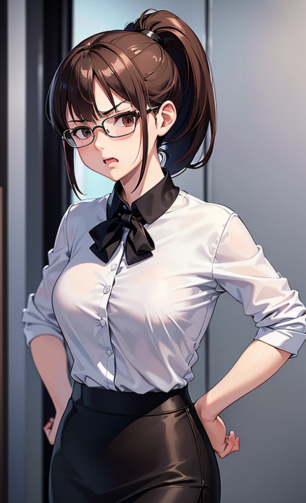 masterpiece, best quality, ultra detailed, ultra high resolution, very detailed face, solo, ((raw photo)), 22 years old japanese woman, (((office lady, white blouse))), (((black tight skirt))), glasses, ((brown bob hair, ponytail)), (((medium breast))), ((little angry)), ((hands on the hip)), in the night room