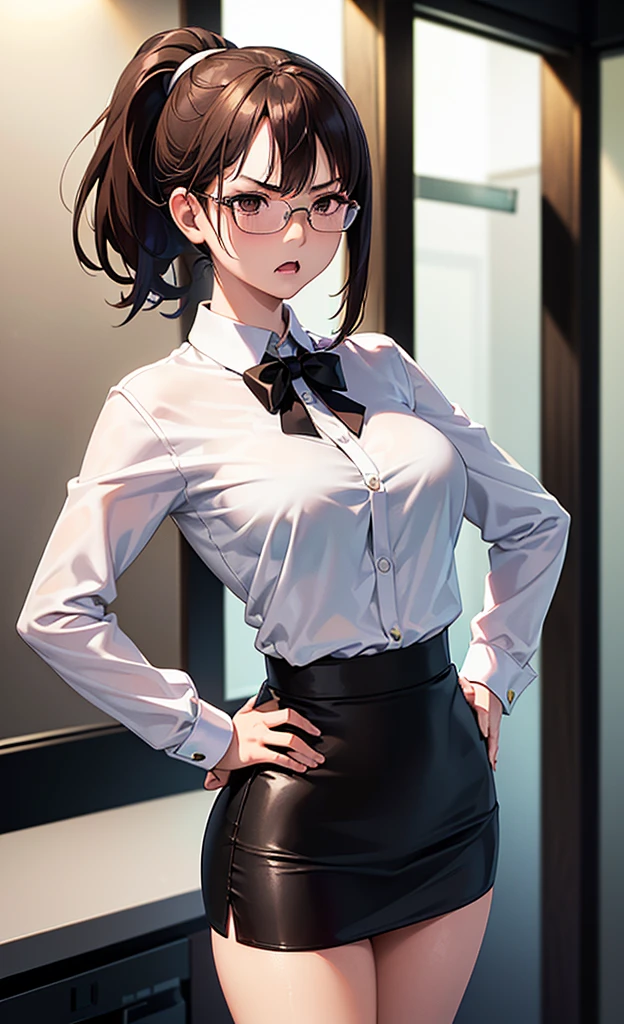 masterpiece, best quality, ultra detailed, ultra high resolution, very detailed face, solo, ((raw photo)), 22 years old japanese woman, (((office lady, white blouse))), (((black tight skirt))), glasses, ((brown bob hair, ponytail)), (((medium breast))), ((little angry)), ((hands on the hip)), in the night room