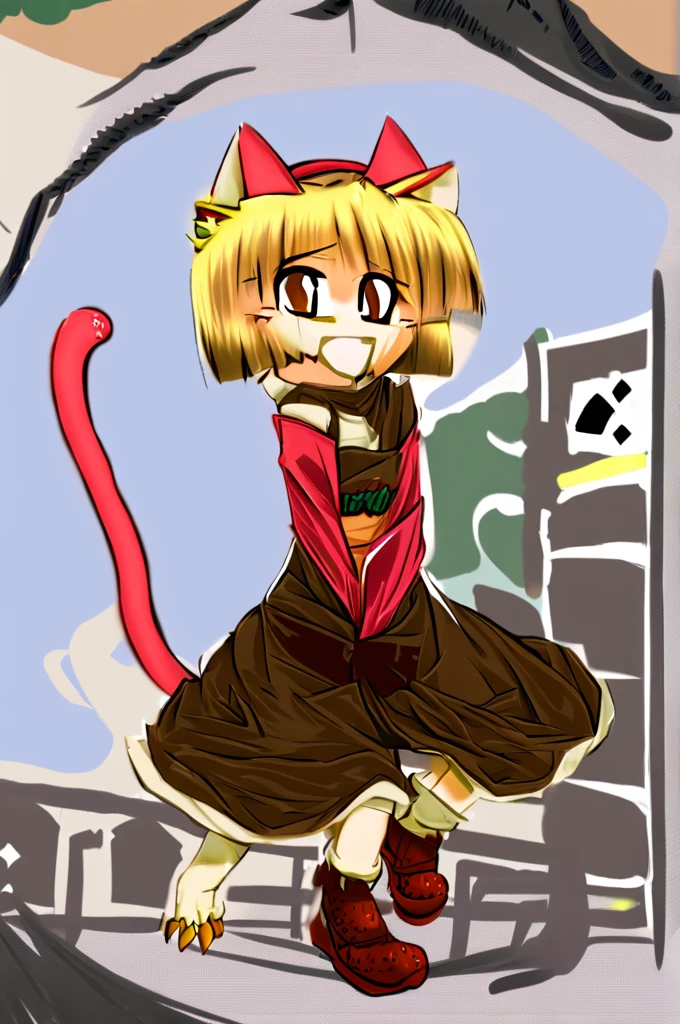 Short blonde hair, cat ears and tail to match hair color, orange eyes, wearing a red scarf, dressed like a brownish bandit, cute girl with a cat beast, brown leather gloves on her hands, two daggers in her hands, ready for battle, 15 years old, the picture should be a Japanese anime, similar to the reference image, small breasts