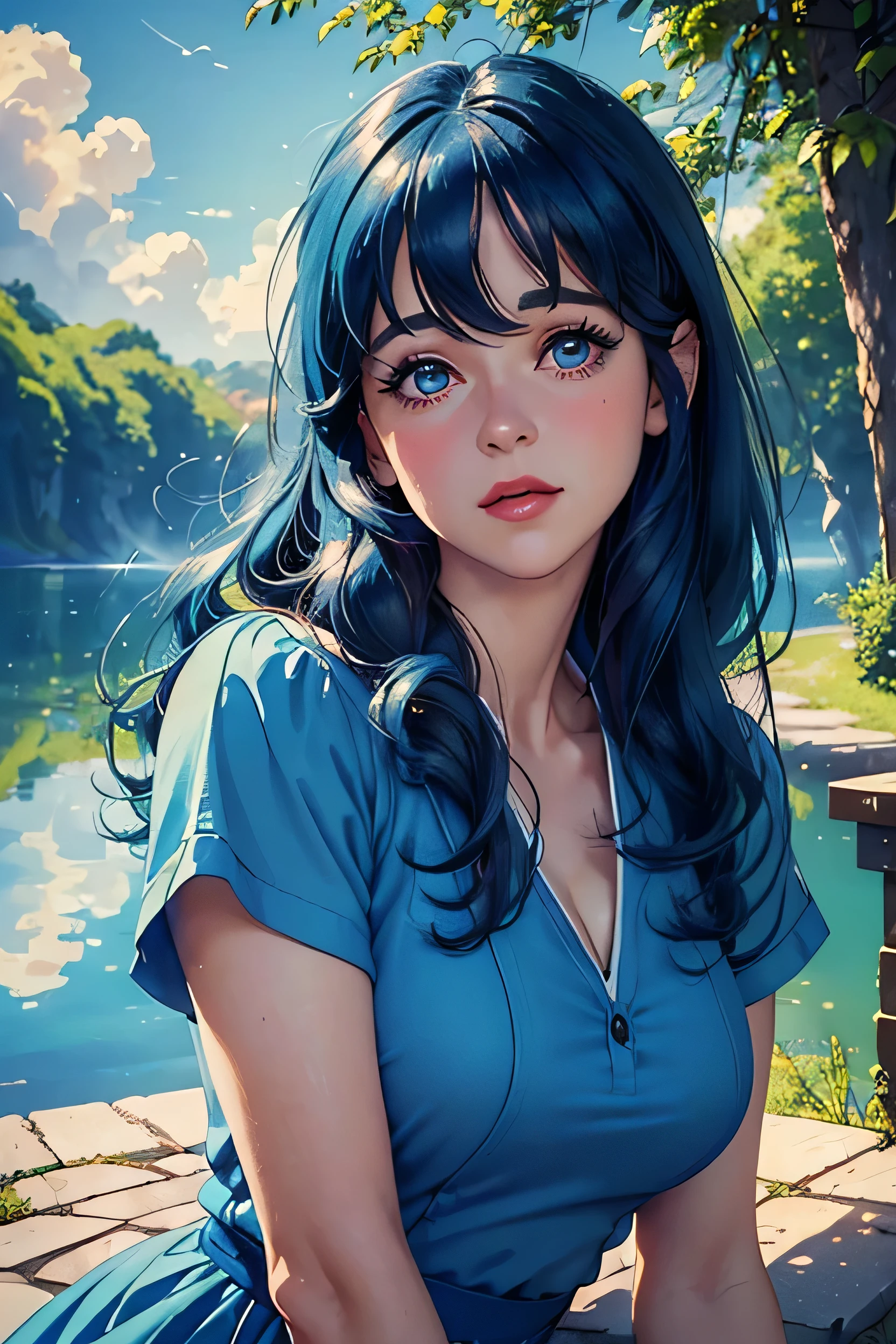 ((((Masterpiece ,Best Quality, Highest quality realistic retro anime.....)))),(((version zooey deschanel))), blue dress, top wo nerae!, 1 girl, alone, ((hyper realistic long blue hair)), looking at the viewer, SMILE, Hits,shirt, ((very detailed and realistic light blue eyes)), Closed mouth, blue hair, exterior, sky, day, cloud, tree, blue sky, lips, separate blows, eyelashes, make up, light SMILE, lipstick, portrait, close up, ((retro Best Quality, hyperrealistic art of the highest qualityStyle)), 1980s ,fine blue hair with very realistic details))exterior, sky, day, cloud, tree, blue sky, lips, separate blows, eyelashes, make up, light SMILE, lipstick, portrait, close up, ((retro Best Quality, hyperrealistic art of the highest qualityStyle)), 1980s (realistic style)