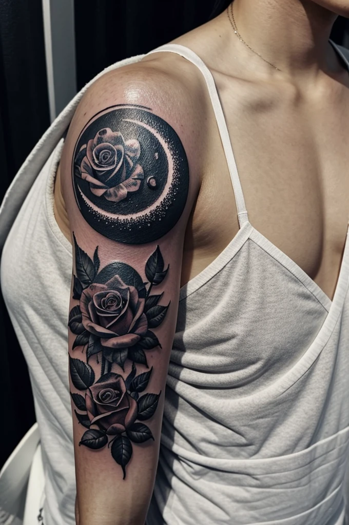 Tattoo of a shadowed moon with a rose inside with a 19 