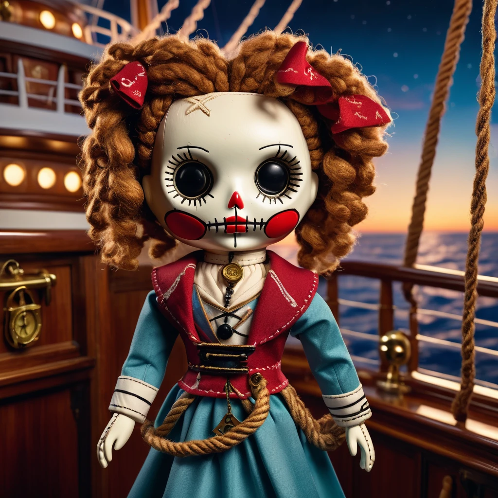 (knitted toy voodoo doll:1.5), (Voodoo on Titanic Deck:1.7), (Clothing: elegant early 1900s attire:1.0), (Accessories: enchanted life preserver, glowing necklace:1.1), (background: majestic ship with floating lifebuoys, glowing ocean waves, and a sense of romance:1.2), best quality, masterpiece, detailed soft oil painting, detailed background, dramatic cinematic lighting, soft edge lighting, professional, dramatic lighting, hard edge lighting, ultra quality, 4k,masterpiece, best quality, 8k, ultra highres, highres, extremely detailed