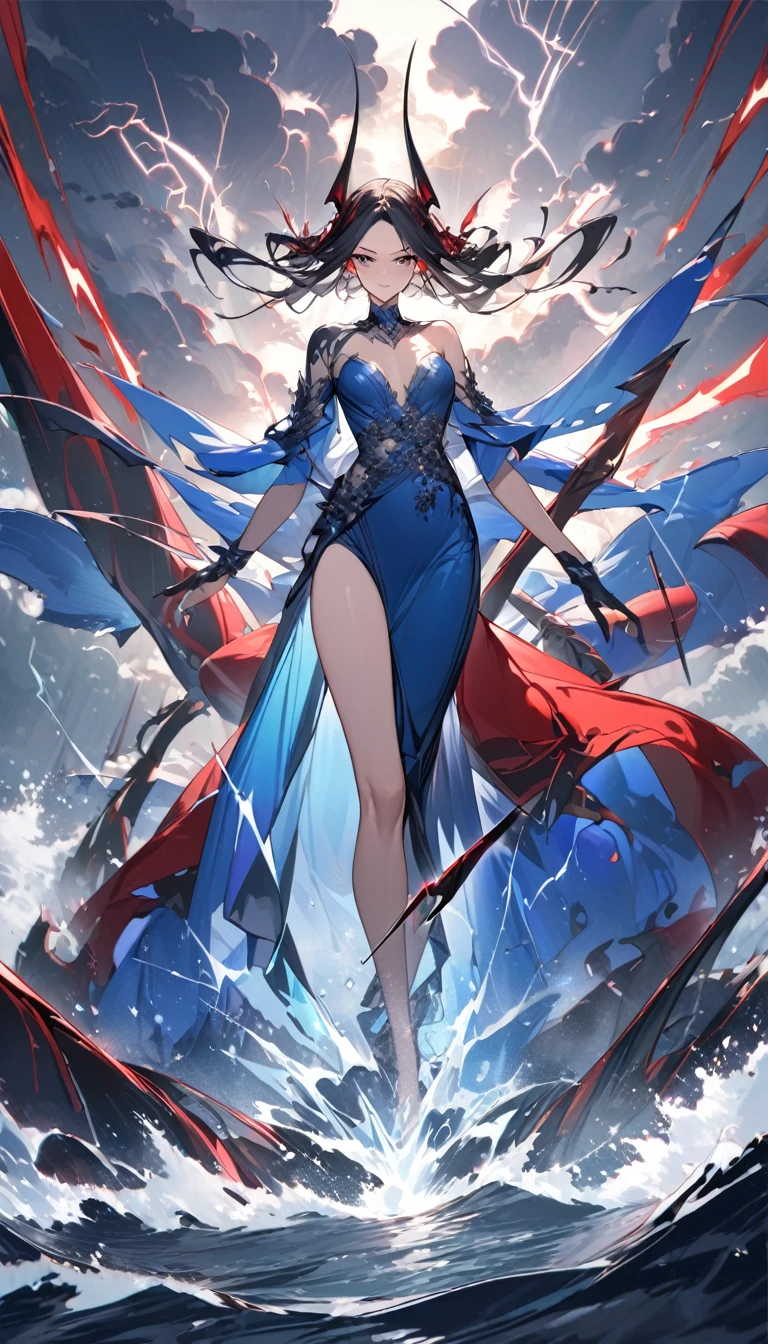 best quality, super fine, 16k, incredibly absurdres, extremely detailed, 2.5D, delicate and dynamic depiction, the most beautiful demon in history, walking on water, fearless smile, attractive and seductive expression, glamorous slender body, long black, red and blue dress, big waves on both sides, dark clouds, the sky splitting, the earth splitting, the sea splitting, lightning, sinister effects