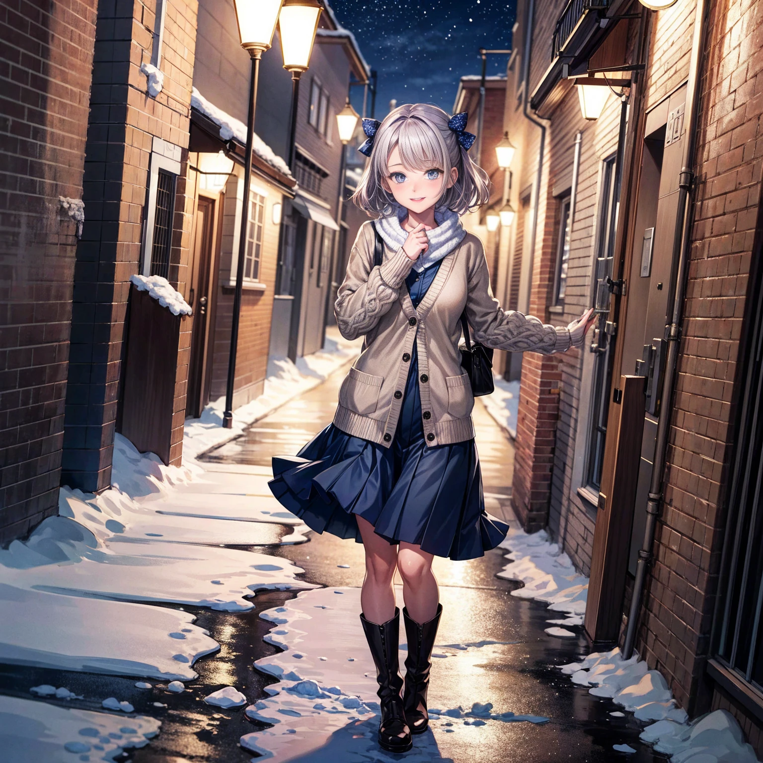 (masterpiece:1.2), best quality, highres, original, (extremely detailed:1.2), ultra-detailed, wallpaper, perfect lighting,(extremely detailed CG:1.2), 8k, anime illustration, 1girl, solo, smiling, (winter outfit:1.2), standing on the street, (knit cardigan:1.1), (bowknot on cardigan:1.25), knee-length skirt, (Ruffled hemline:1.3), winter boots, {delicate|detailed}clothes, (anatomically correct:1.34), close-up, full-body, looking at viewer, frontal, snowy street, (streetlight:1.17), city background, night, unity 4k