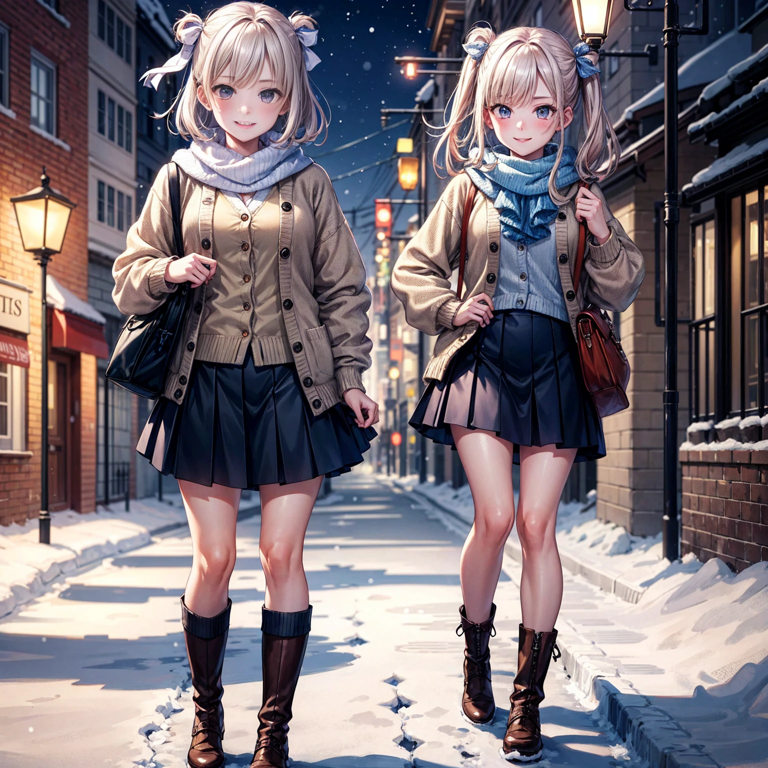 (masterpiece:1.2), best quality, highres, original, (extremely detailed:1.2), ultra-detailed, wallpaper, perfect lighting,(extremely detailed CG:1.2), 8k, anime illustration, 1girl, solo, smiling, (winter outfit:1.2), standing on the street, (knit cardigan:1.1), (bowknot on cardigan:1.25), knee-length skirt, (Ruffled hemline:1.3), winter boots, {delicate|detailed}clothes, (anatomically correct:1.34), close-up, full-body, looking at viewer, frontal, snowy street, (streetlight:1.17), city background, night, unity 4k