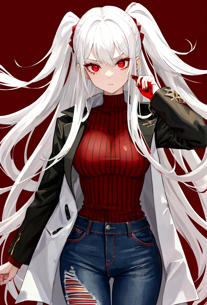 (work of art), (best quality), (1girl), White hair, Red eyes, menacing look, distressed jeans, black and red striped t-shirt, green long coat