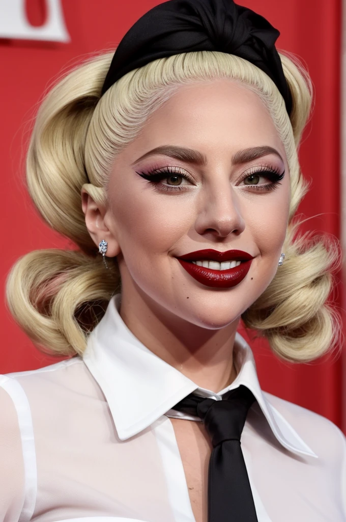 lady gaga, beautiful smile, white shirt with black tie, hair tied up, thick long curly eyelashes, skin tone makeup, red and black lipstick