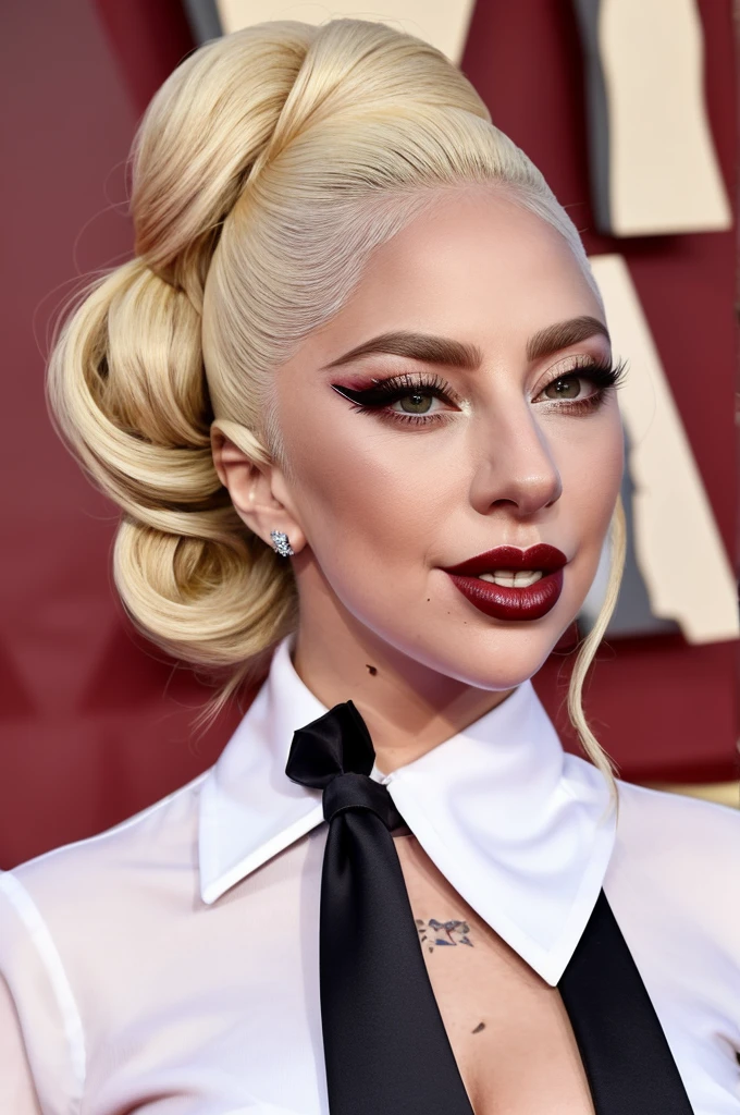lady gaga, beautiful smile, white shirt with black tie, hair tied up, thick long curly eyelashes, skin tone makeup, red and black lipstick
