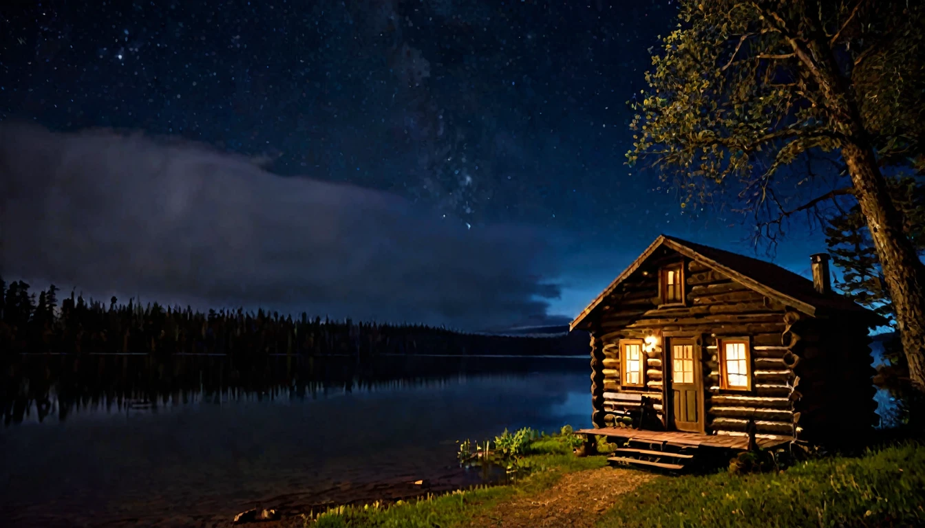 small cabin by the lake, dark, eerie night