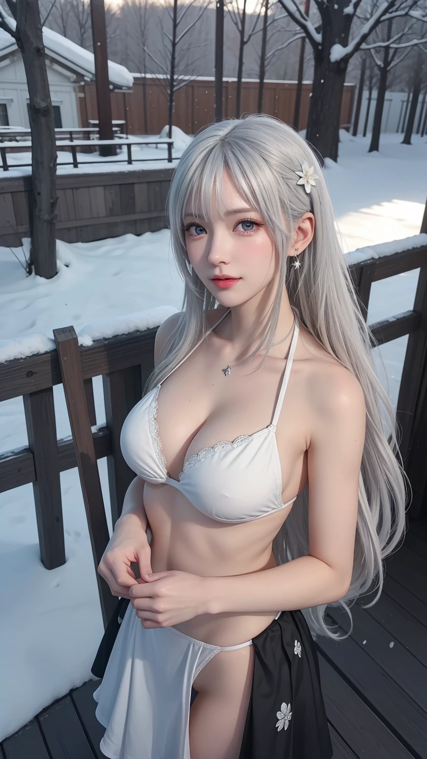 ((Oversized breasts)),(((underwear,Bikini,Swimsuit))),Sexy,(Nine doppelgangers),(Standing),((Logo, masterpiece, 8K, On the table, RAW photos, wonderful, 最high quality, Photorealistic and hVery detailed CG integrated 8K wallpaper, high quality, Very detailed, Narrative Poems, Particle Effects, dynamic effect, Writing border depth, light, lens flare, Ray Tracing, Anatomically accurate)), fantasy, 1 beautiful woman, ((White hair)), Clear eyes, Long hair, Pretty Face, serious, 緻密でbeautiful eyes, ((Long hairが风でなびく, Long hairが跳ねる, Long hairが风で踊る)), hair jump, Jewelry, beautiful eyes, White cherry blossom embroidery pattern, Silver earrings, ((outdoor)), Snow Mountainの中で, Snow Scene, Snow Mountain, Snow Makeup, 雪とFrost, Snow Mountainや森, Frost, Snow Mountain々, Frost树的美丽与光辉, The tranquility and beauty of the snow world, Hair color is white