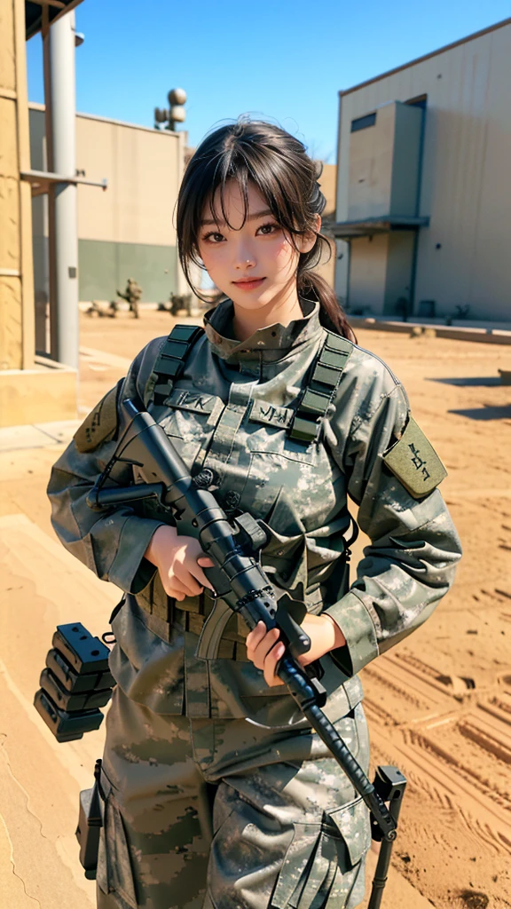 Single player combat action、Single Shooter、(whole body:0.5, View front))Action poses、Highest image quality, Excellent details, Ultra-high resolution, (realism: 1.4), ((whole body:0.5, View front)), (A sexy Korean girl)High concentration in combat operations, Has a beautiful and delicate face, Smile(whole body照))((Shooting with a machine gun)), (Wear camouflage clothing,Love police uniforms, Military wiring harness), With a machine gun, Background ruined battlefield。