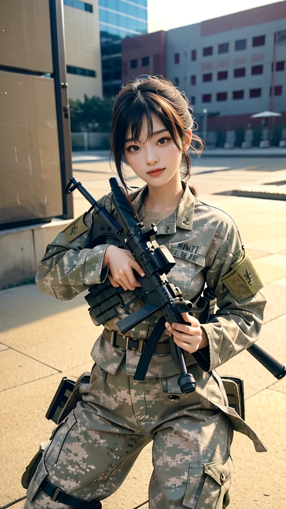 Single player combat action、Single Shooter、(whole body:0.5, View front))Action poses、Highest image quality, Excellent details, Ultra-high resolution, (realism: 1.4), ((whole body:0.5, View front)), (A sexy Korean girl)High concentration in combat operations, Has a beautiful and delicate face, Smile(whole body照))((Shooting with a machine gun)), (Wear camouflage clothing,Love police uniforms, Military wiring harness), With a machine gun, Background ruined battlefield。