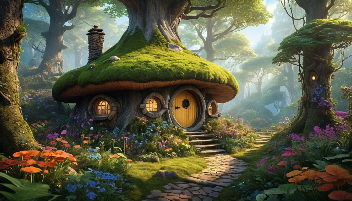 (Mysterious fantasy forest，Dense trees，A strange and cute little tree:1.5)，A hobbit cabin, It is vividly depicted in the work (Best quality, 8K, Advanced resolution, Masterpiece: 1.2), With ultra-detailed detail， (1.4x realism, Photorealistic: 1.37). This fantasy forest is made up of bright colors，bathed in the warm glow of the sun, Create a cheerful and whimsical atmosphere. The house has been designed with great attention to detail, With a complex design and unique architecture, Similar to a mushroom-shaped house。 (This fantasy forest is surrounded by lush greenery and colorful flowers), Elevate a captivating and magical environment。 The artwork showcases an illustrative style, Inspired by children's book illustrations, Ensures a glamorous and nostalgic touch. The color palette consists of vibrant rainbow colors, Seven colors，Evoke feelings of joy and playfulness. Lighting accentuates the picturesque scene, Soft and warm shadows are created that add depth and warmth to the artwork. Every detail is impeccablely presented, creating a visually stunning masterpiece，Capture the essence of the fantasy forest.