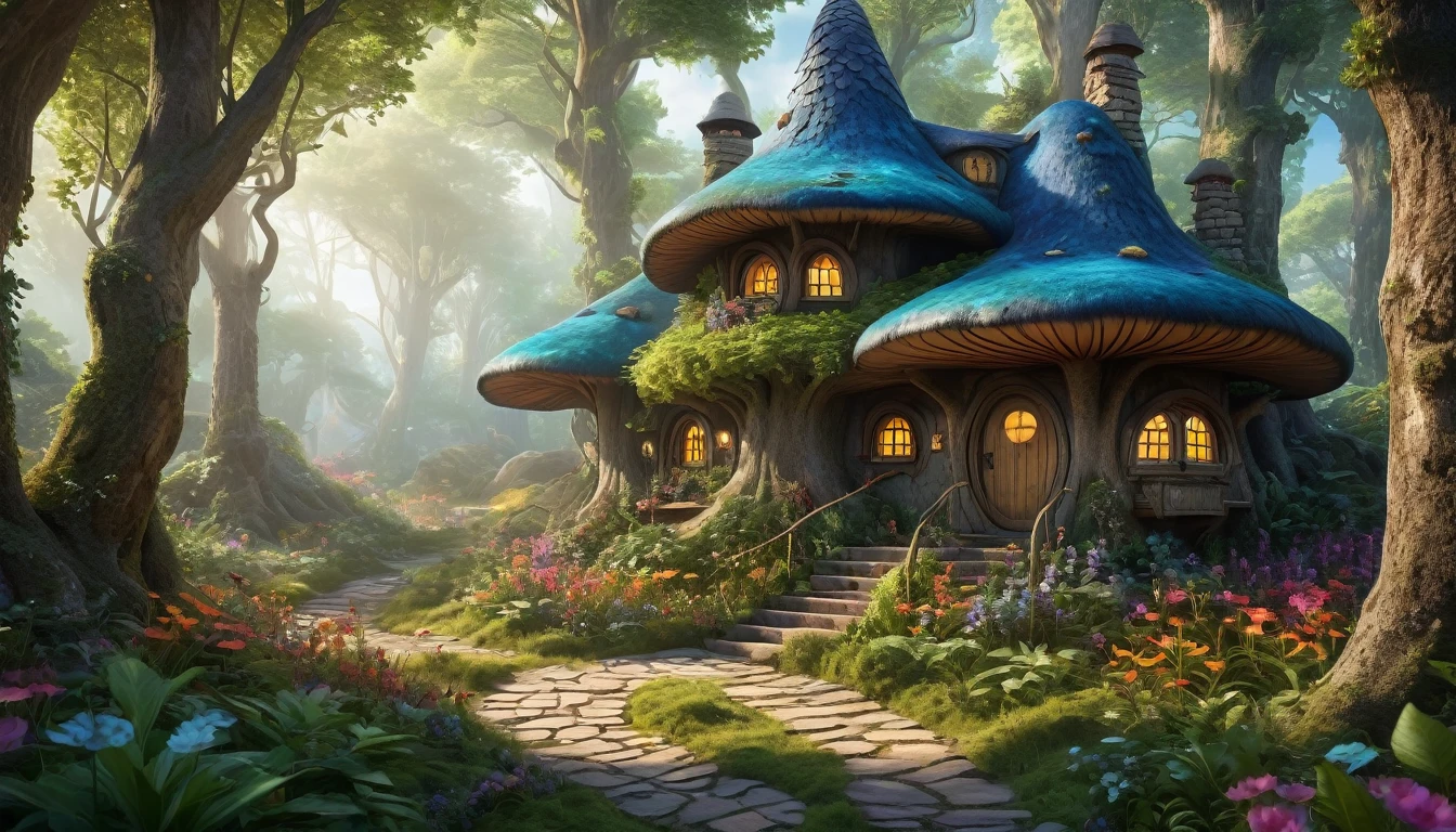 (Mysterious fantasy forest,Dense trees,A strange and cute little tree:1.5),A hobbit cabin, It is vividly depicted in the work (Best quality, 8K, Advanced resolution, Masterpiece: 1.2), With ultra-detailed detail, (1.4x realism, Photorealistic: 1.37). This fantasy forest is made up of bright colors,bathed in the warm glow of the sun, Create a cheerful and whimsical atmosphere. The house has been designed with great attention to detail, With a complex design and unique architecture, Similar to a mushroom-shaped house。 (This fantasy forest is surrounded by lush greenery and colorful flowers), Elevate a captivating and magical environment。 The artwork showcases an illustrative style, Inspired by children's book illustrations, Ensures a glamorous and nostalgic touch. The color palette consists of vibrant rainbow colors, Seven colors,Evoke feelings of joy and playfulness. Lighting accentuates the picturesque scene, Soft and warm shadows are created that add depth and warmth to the artwork. Every detail is impeccablely presented, creating a visually stunning masterpiece,Capture the essence of the fantasy forest.