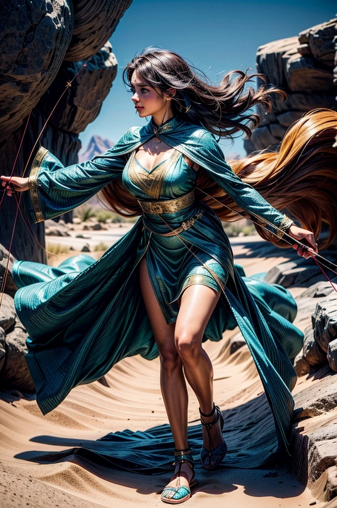 A female archer wielding a bow. She wears a gold dress with a blue and green gemstone. Desert background. Blush and black eyeliner. Front view. Round breast, full body