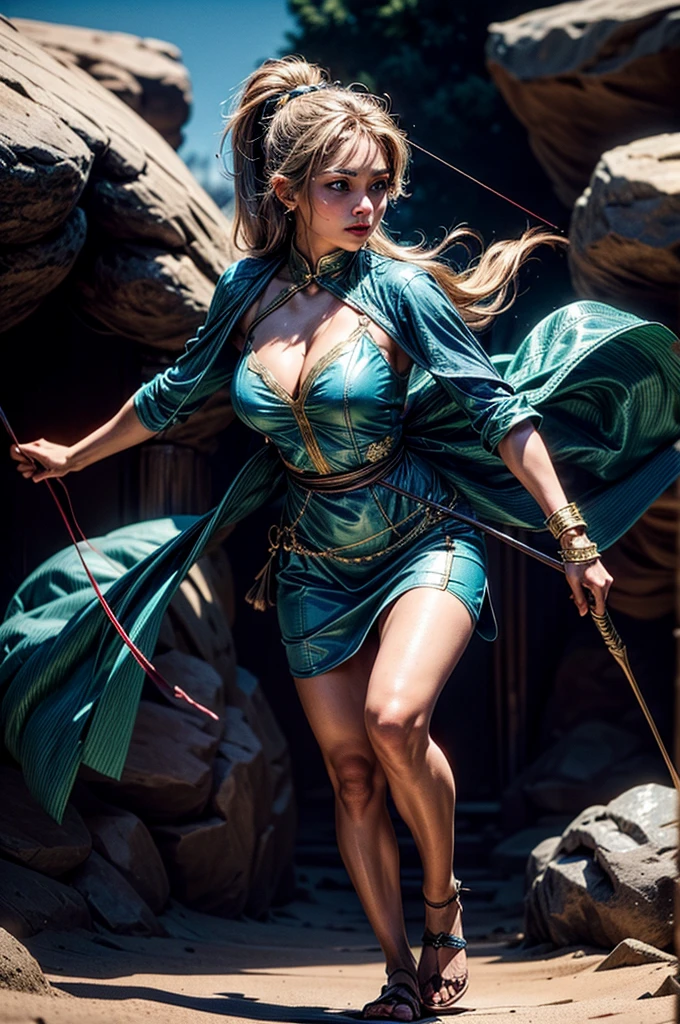 A female archer wielding a bow. She wears a gold dress with a blue and green gemstone. Desert background. Blush and black eyeliner. Front view. Round breast, full body