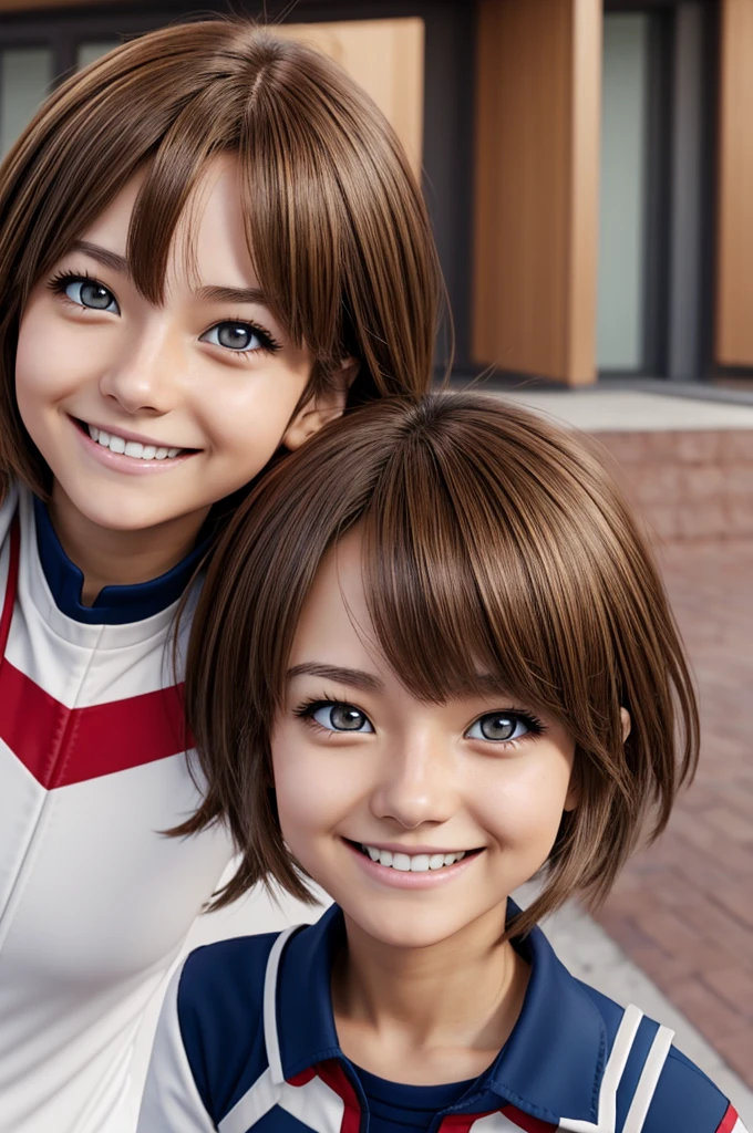 Screenshot my hero academia Light brown hair girl, short and messy, slanted and red eyes, with a calm and smiling expression, He has the UA uniform