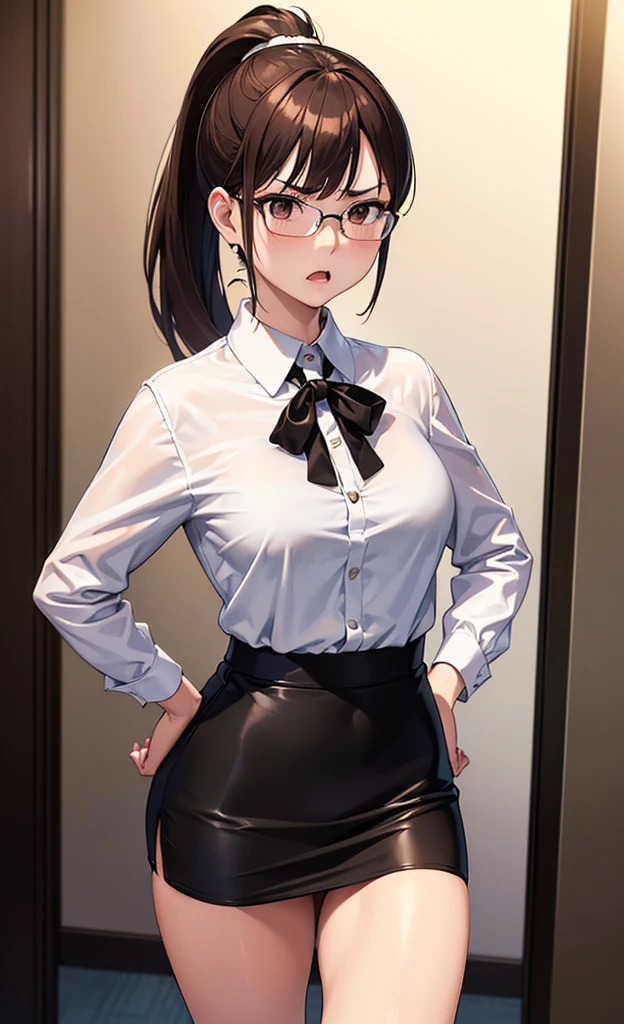 masterpiece, best quality, ultra detailed, ultra high resolution, very detailed face, solo, ((raw photo)), 22 years old japanese woman, (((office lady, white blouse))), (((black tight skirt))), glasses, ((brown bob hair, ponytail)), (((medium breast))), ((little angry)), ((hands on the hip)), in the night room