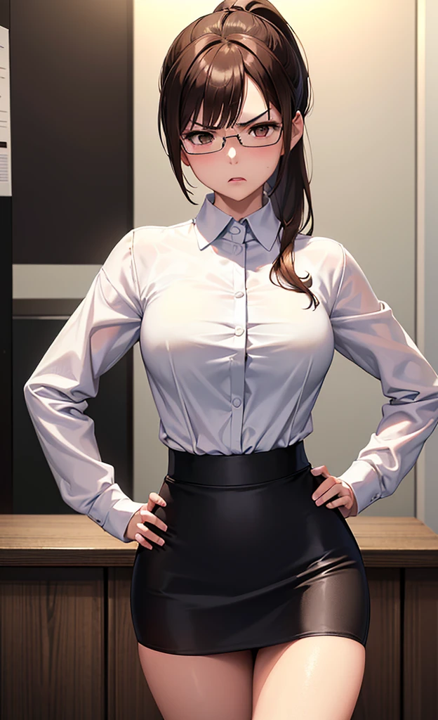 masterpiece, best quality, ultra detailed, ultra high resolution, very detailed face, solo, ((raw photo)), 22 years old japanese woman, (((office lady, white blouse))), (((black tight skirt))), glasses, ((brown bob hair, ponytail)), (((medium breast))), ((little angry)), ((hands on the hip)), in the night room
