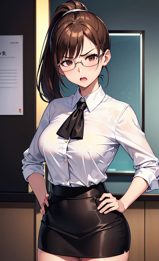 masterpiece, best quality, ultra detailed, ultra high resolution, very detailed face, solo, ((raw photo)), 22 years old japanese woman, (((office lady, white blouse))), (((black tight skirt))), glasses, ((brown bob hair, ponytail)), (((medium breast))), ((little angry)), ((hands on the hip)), in the night room