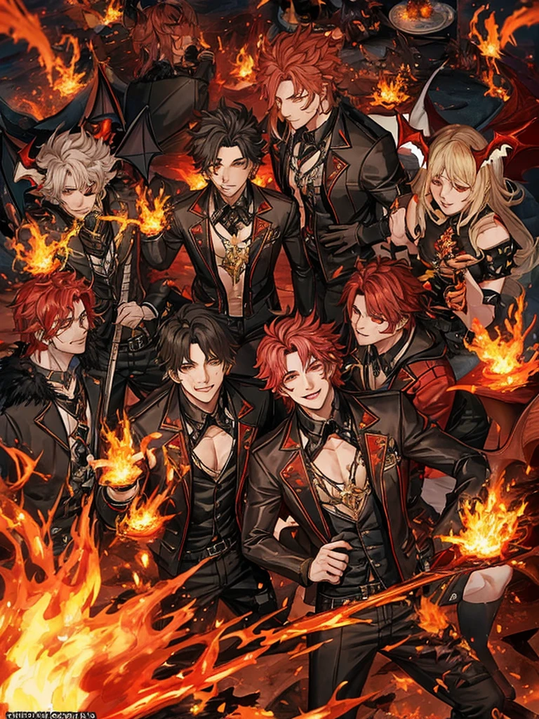 Make a male character with Ifrit's appearance, with bat wings, flames all over.