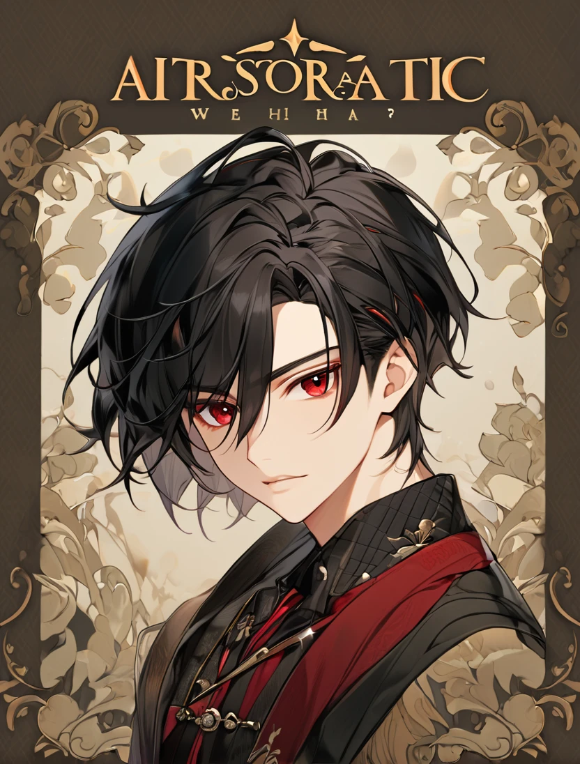 (Black_Hair), (red_ruby_eyes), (Handsome), (attractive), (male), (close_up_shot), (detailed_eyes), (detailed_hair), (clean_hair),  (vertical_pupils), (jawline), (wears_aristrocatic_outfit), (in_his_late_teens), (short_hair)