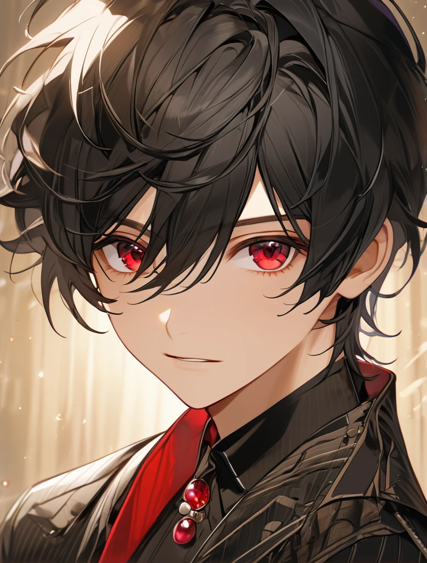 (Black_Hair), (red_ruby_eyes), (Handsome), (attractive), (male), (close_up_shot), (detailed_eyes), (detailed_hair), (clean_hair),  (vertical_pupils), (jawline), (wears_aristrocatic_outfit), (in_his_late_teens), (short_hair)