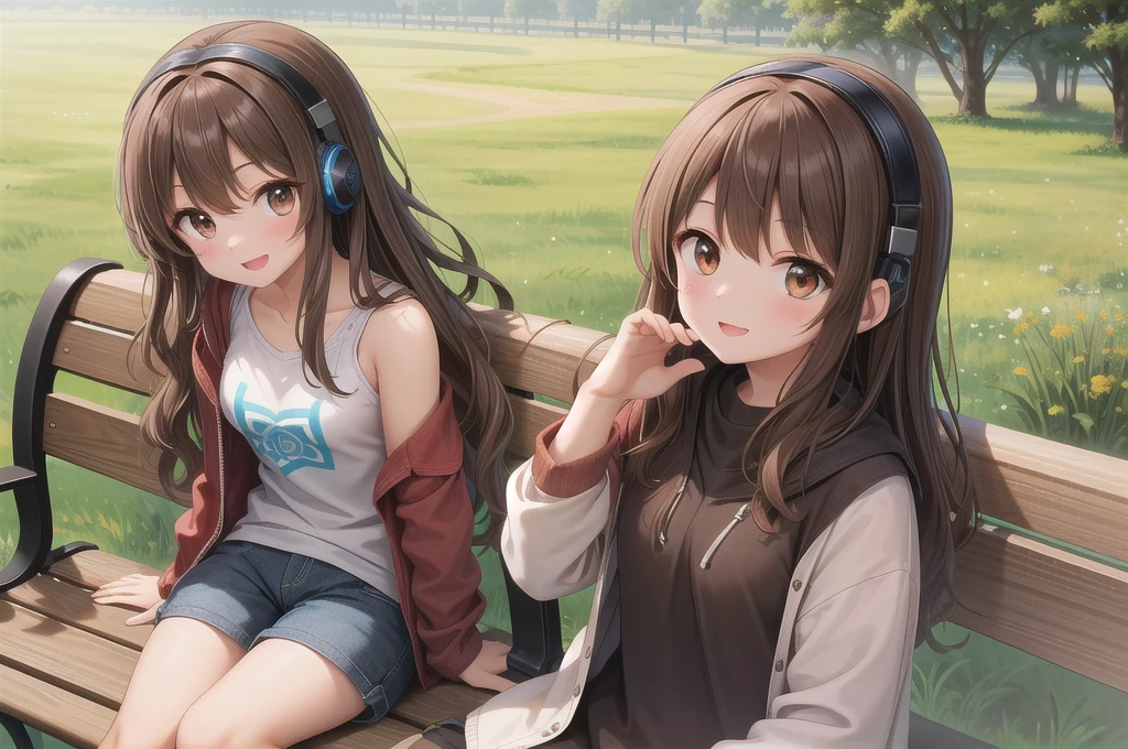 One girl, alone, 20-year-old, Brown eyes, Brown Hair, Long, beautiful wavy hair, smile, Nice casual clothes, grassland, Sit on a bench, headphone, masterpiece, Fine Fingers, 最high quality:1.4, high quality, detailed,