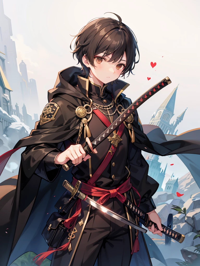 masculine age boy, medium length black hair, brown eyes, black cloak, holding sheathed katana