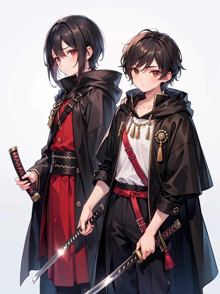 masculine teenage boy, medium length black hair, brown eyes, black cloak, holding sheathed katana
