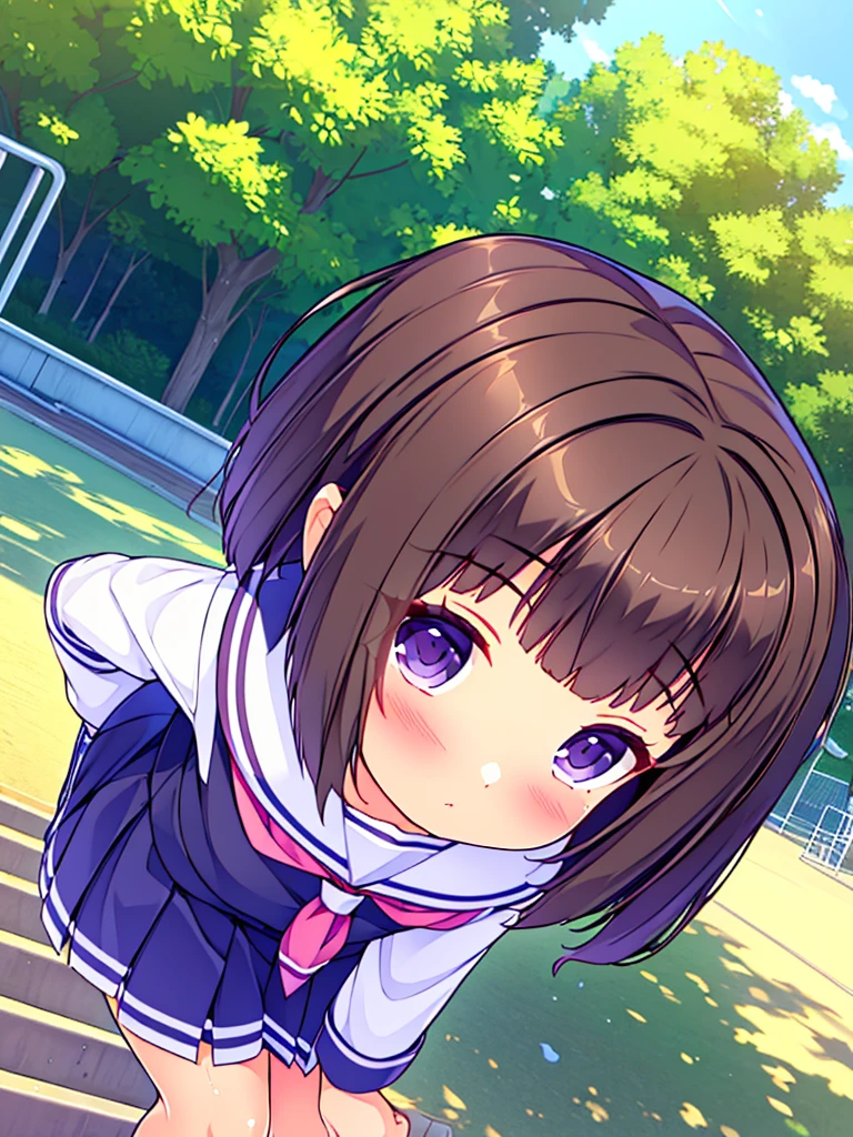 (High quality), (masterpiece), (very detailed), girl, (very small bust), short brown hair, purple eyes, shy face, (primary school loli), showing her thighs, on the school yard, sunny, camera angle from below, adorable eyes, (primar school uniform)